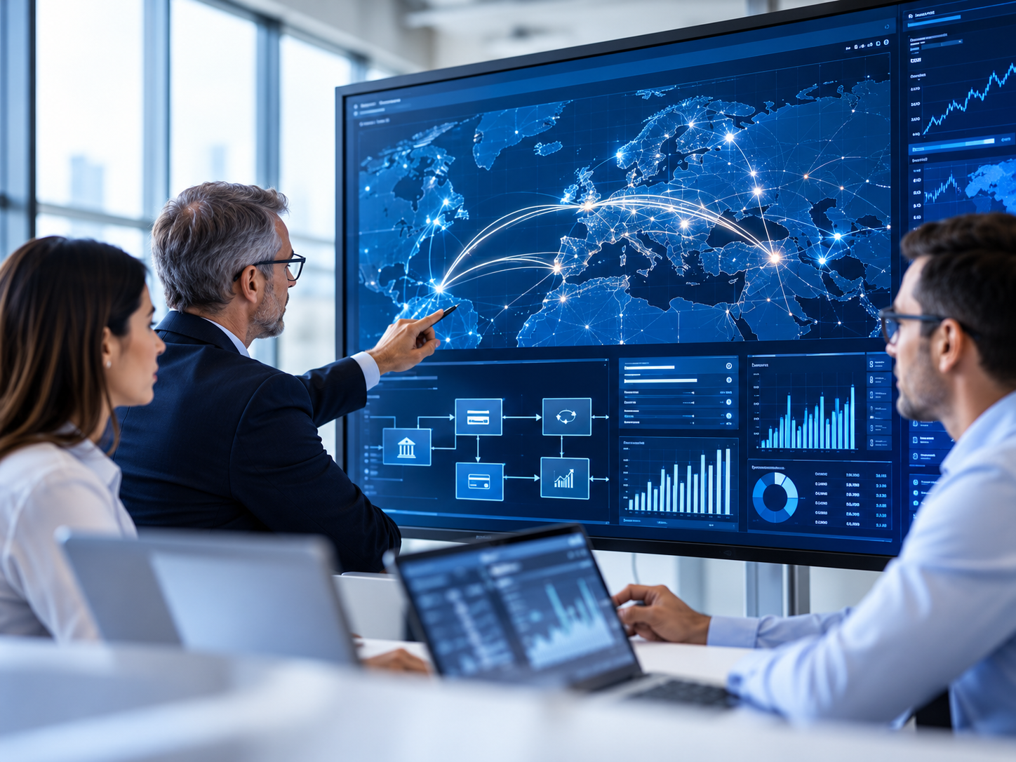 Experts analysant les flux financiers sur un tableau de bord bancaire.