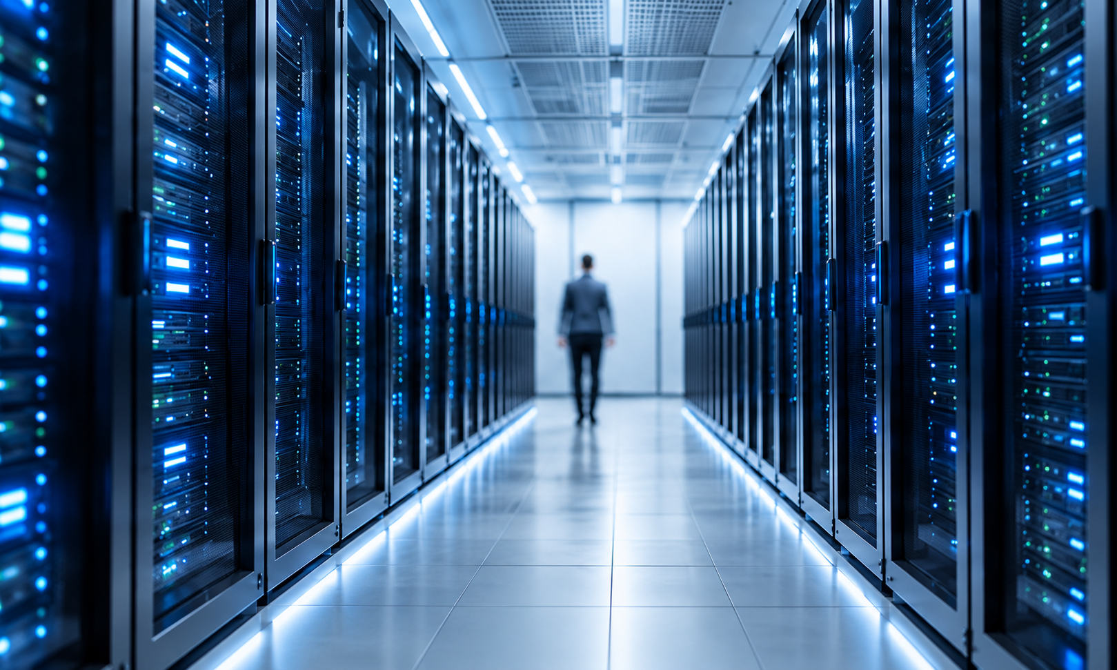 Infrastructure de centre de données illustrant la disponibilité des systèmes bancaires.