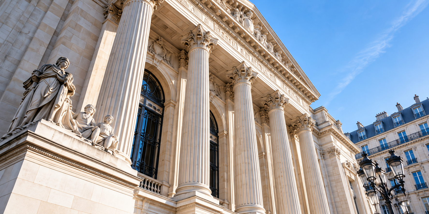 Façade institutionnelle à colonnes illustrant le secteur bancaire et financier.