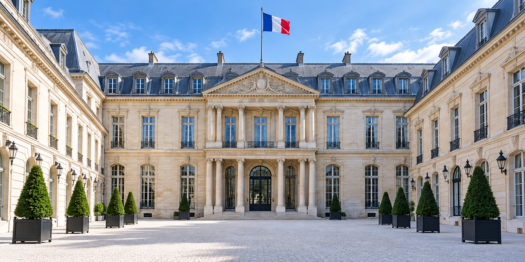 Cour d'une institution française avec drapeau tricolore, illustration du secteur public.